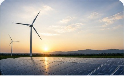 Wind turbines and solar panels representing Net-Zero operations